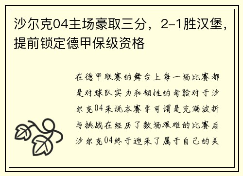 沙尔克04主场豪取三分，2-1胜汉堡，提前锁定德甲保级资格