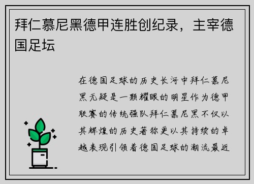 拜仁慕尼黑德甲连胜创纪录，主宰德国足坛