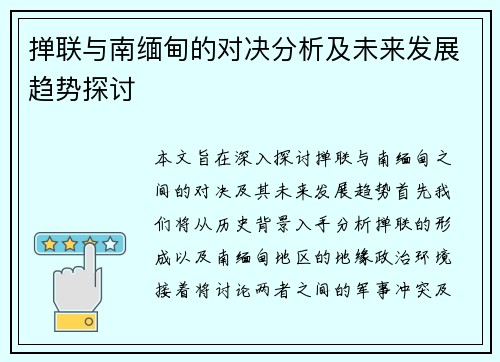 掸联与南缅甸的对决分析及未来发展趋势探讨