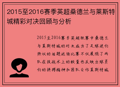 2015至2016赛季英超桑德兰与莱斯特城精彩对决回顾与分析