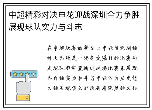 中超精彩对决申花迎战深圳全力争胜展现球队实力与斗志