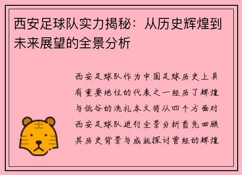 西安足球队实力揭秘：从历史辉煌到未来展望的全景分析