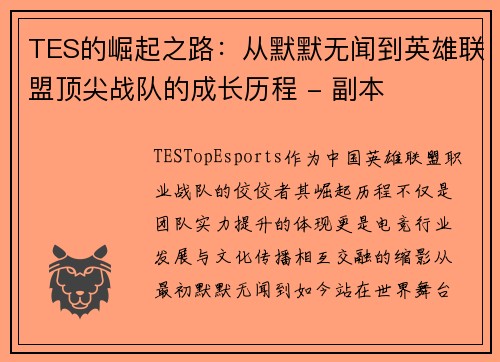TES的崛起之路：从默默无闻到英雄联盟顶尖战队的成长历程 - 副本