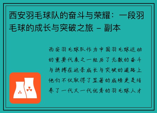 西安羽毛球队的奋斗与荣耀：一段羽毛球的成长与突破之旅 - 副本