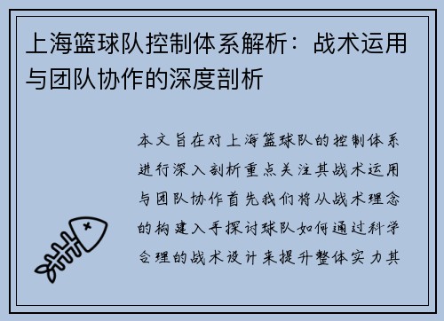 上海篮球队控制体系解析：战术运用与团队协作的深度剖析